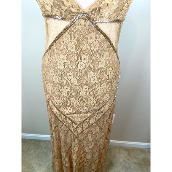 Retrofete Gianni Sequin Beaded Embellished Sheer Lace Champagne Maxi Dress Sz S - Picture 6 of 12